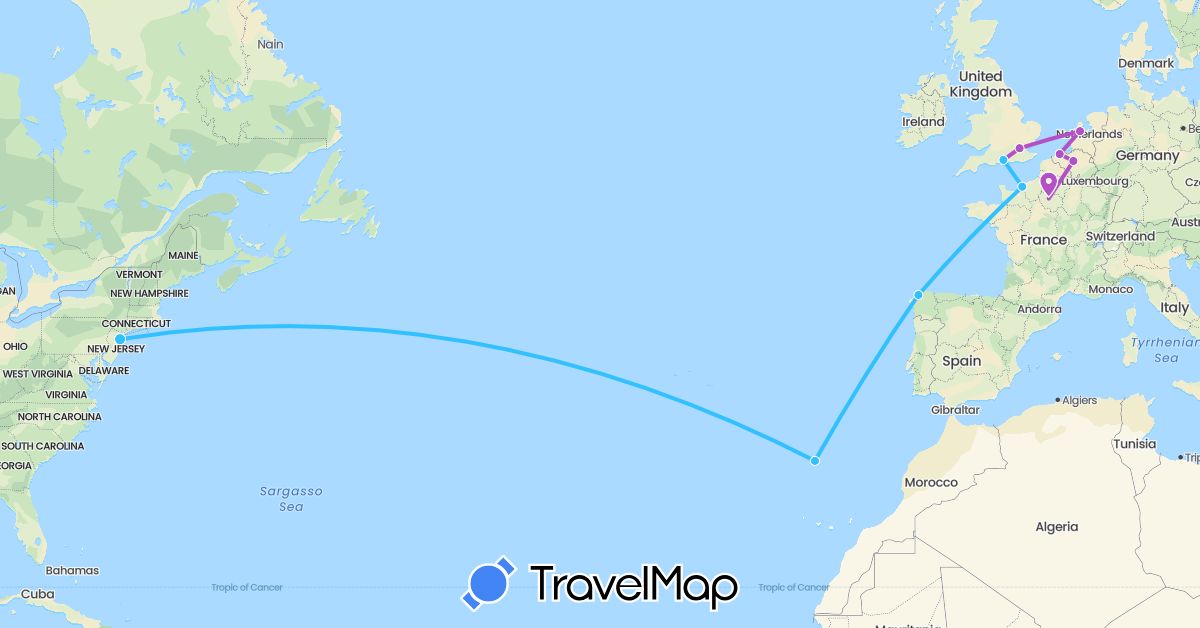 TravelMap itinerary: driving, train, boat in Belgium, Spain, France, United Kingdom, Netherlands, Portugal, United States (Europe, North America)